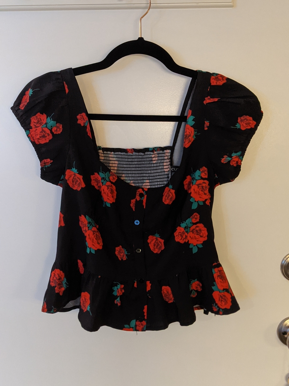 Black Puff Sleeve Floral Peplum Top with Red Roses
